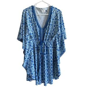 Cabana Life Blue Geometric Embroidered Kaftan Cover Up Tassel Beachwear coastal